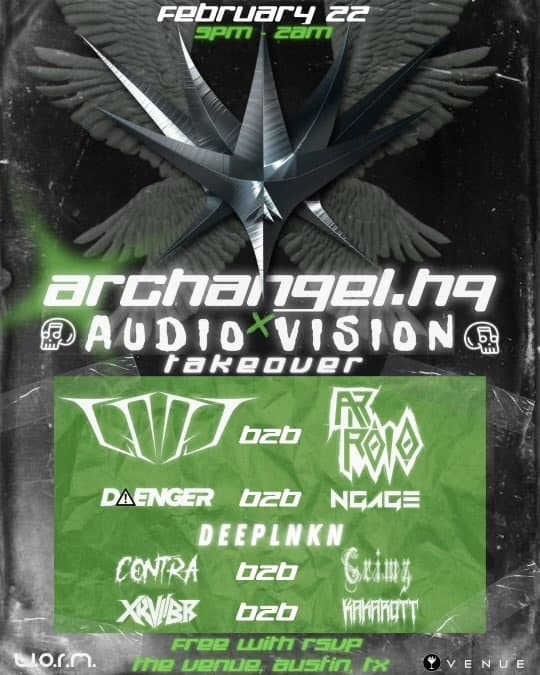 Archangel.HQ X Audio Vision Takeover flyer hero image hosted by W.O.R.M. PRODUCTIONS at The Venue starting at 2024-02-22T21:00:00.000Z
