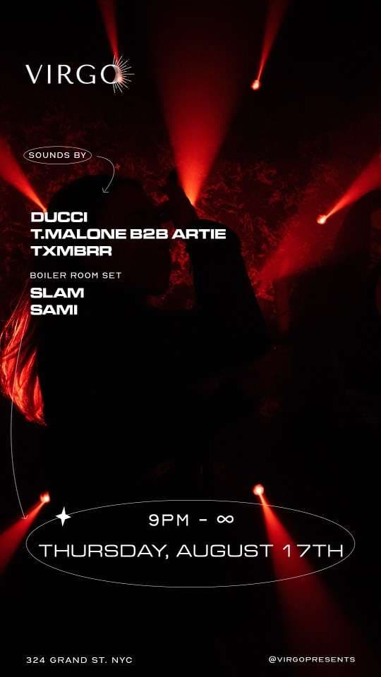 August 17 at Virgo flyer hero image hosted by Music For A While at Virgo starting at 2023-08-17T21:00:00.000Z