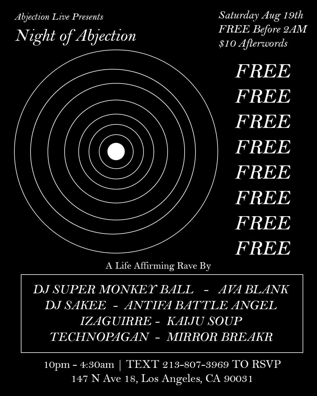 Night of Abjection flyer hero image hosted by Abjection Live at Open The Portal starting at 2023-08-19T22:00:00.000Z