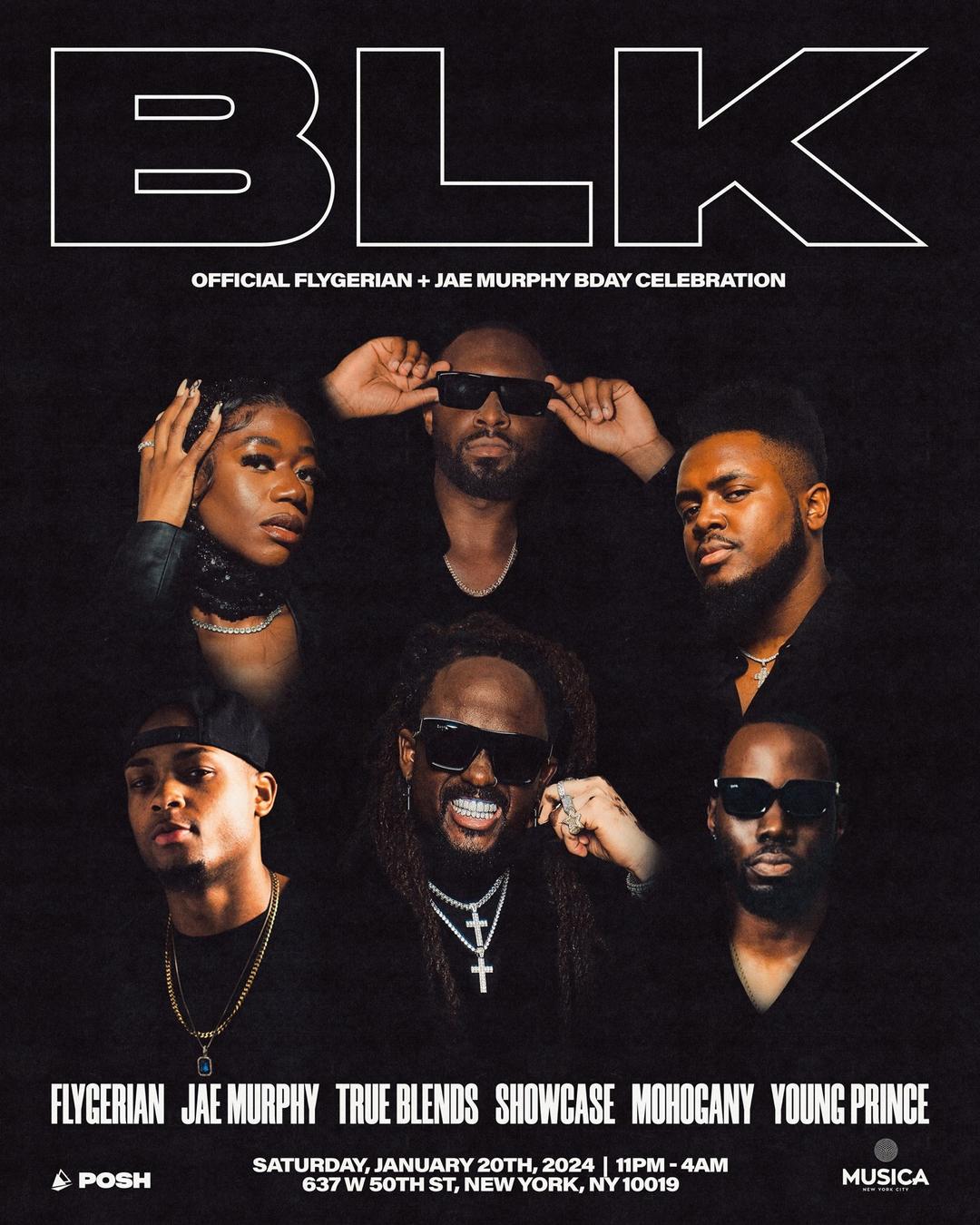 BLK: Flygerian + Jae Murphy Bday Celebration flyer hero image hosted by Flygerian at Musica starting at 2024-01-25T23:00:00.000Z