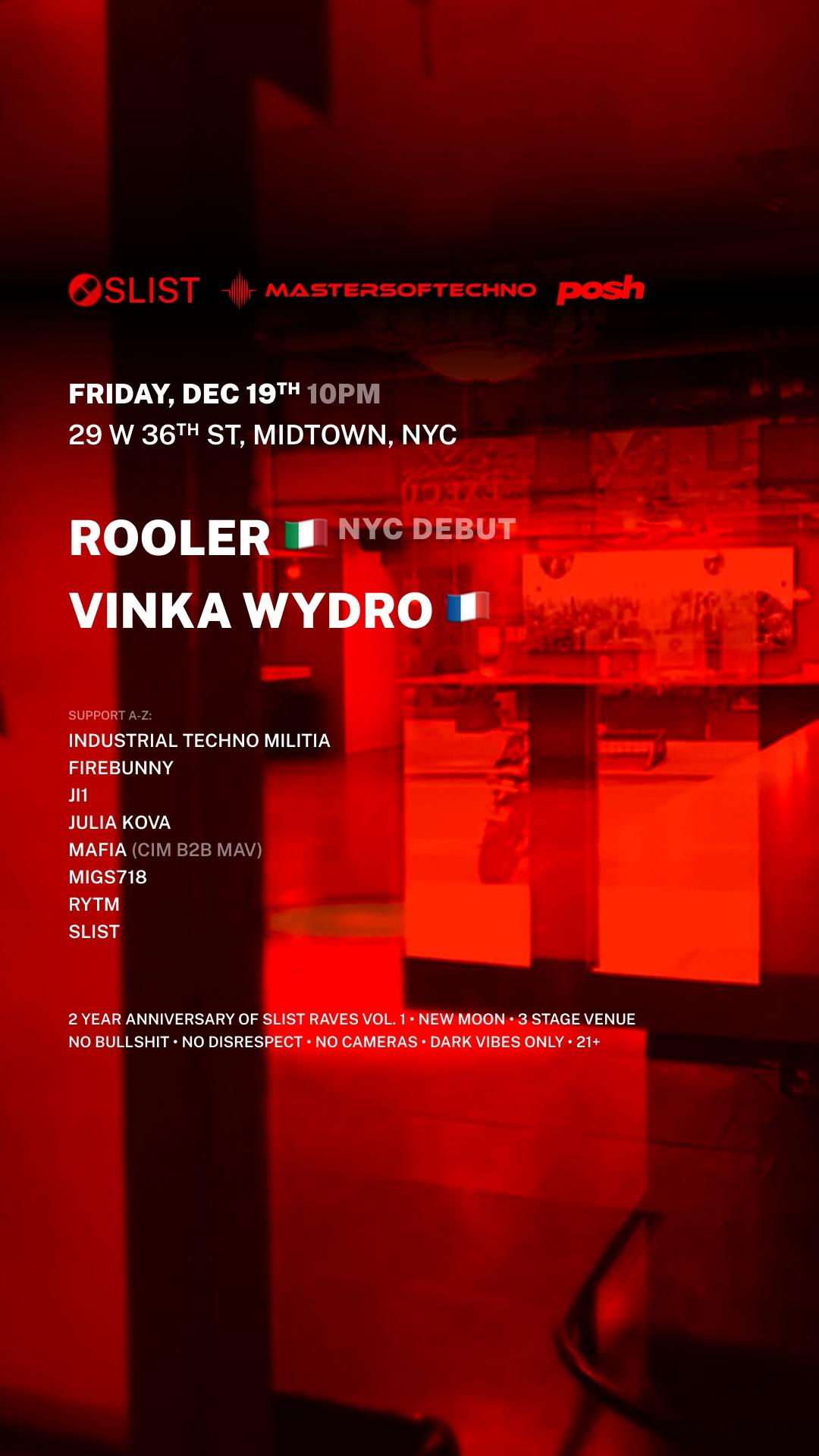 ROOLER NYC DEBUT + VINKA WYDRO | Masters of Techno x SLIST | Fri, Dec ...