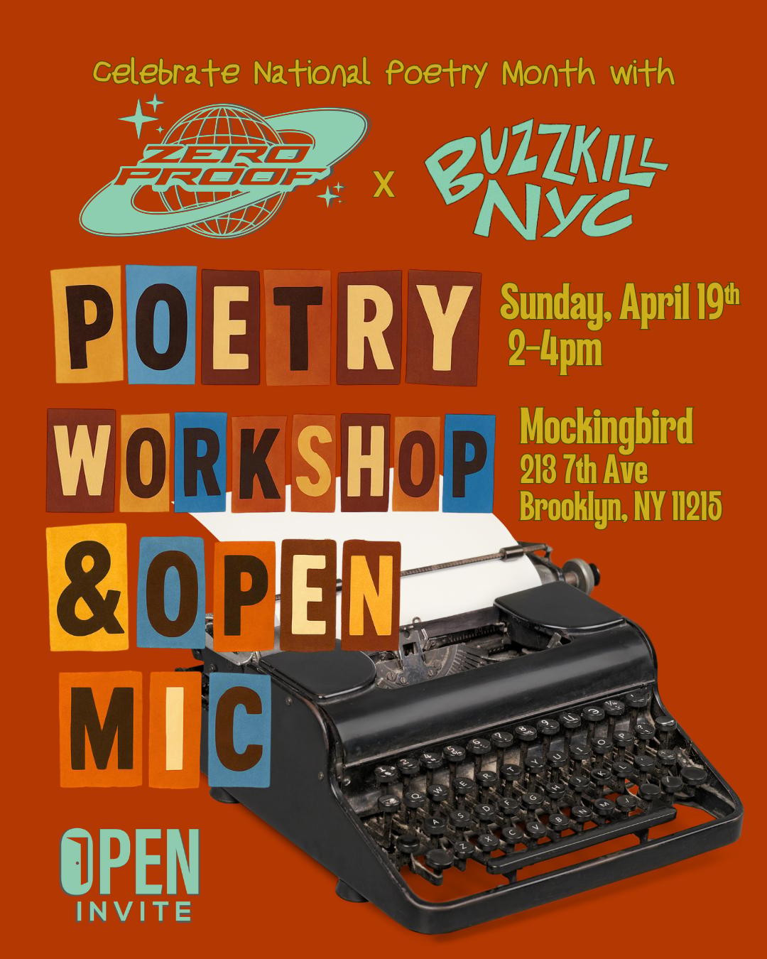 Poetry Month Workshop & Open Mic | Zero-Proof NY | Sun, Apr 19
