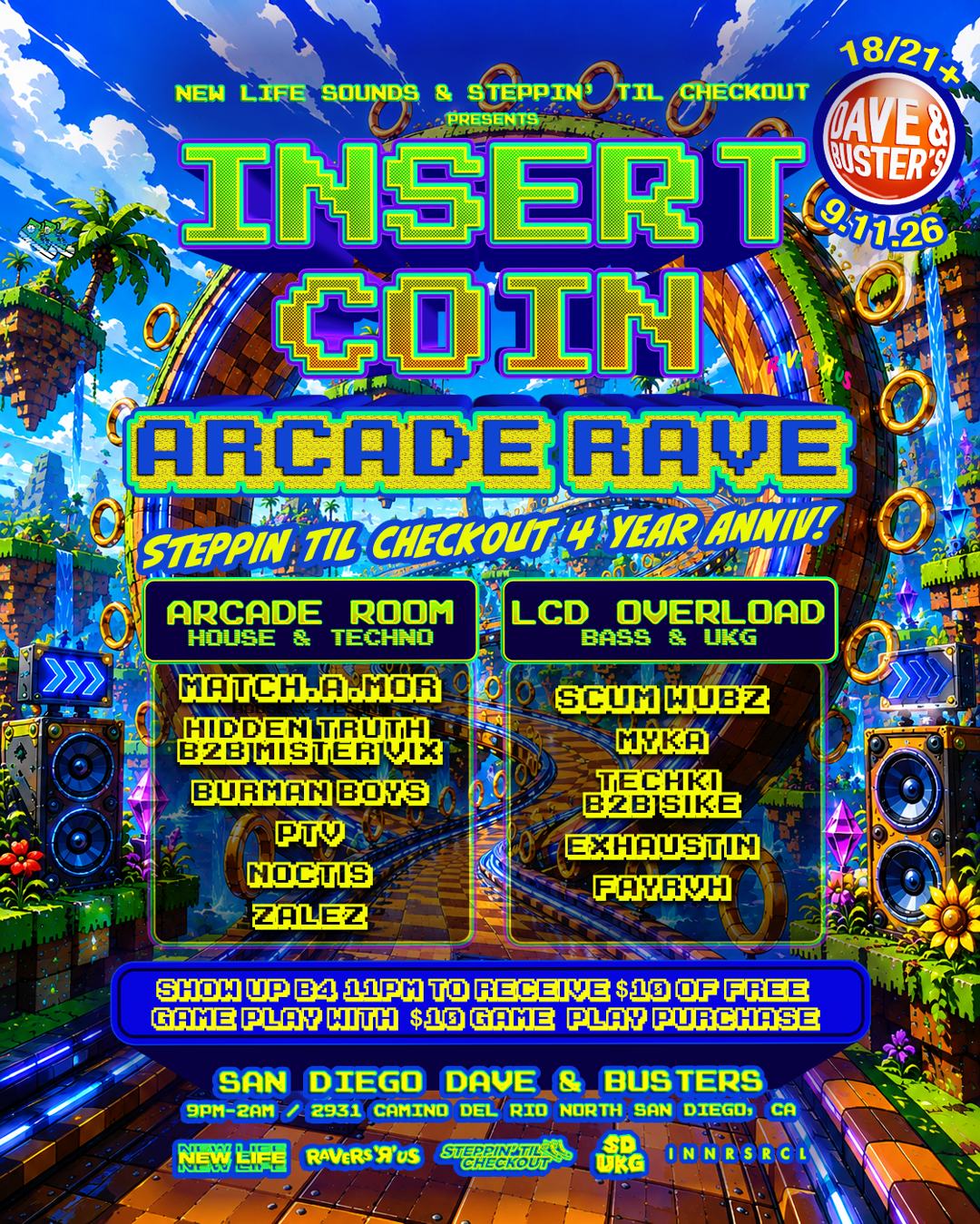 INSERT COIN - ARCADE RAVE (18/21+) | New Life Sounds | Fri, Sep 11