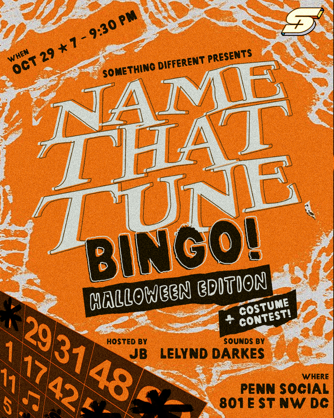 Name That Tune Bingo: Halloween Edition flyer hero image hosted by Something Different at Penn Social starting at 2026-10-29T19:00:00.000Z
