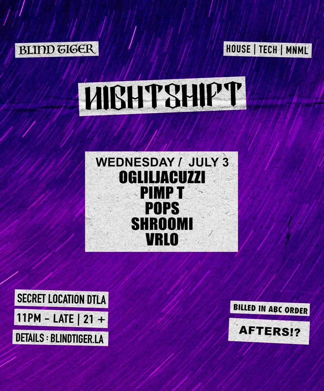 AFTERS 7.3 flyer hero image hosted by NIGHTSHIFT at TBA- ADDRESS SENT IN CONFIRMATION EMAIL starting at 2024-07-03T23:00:00.000Z