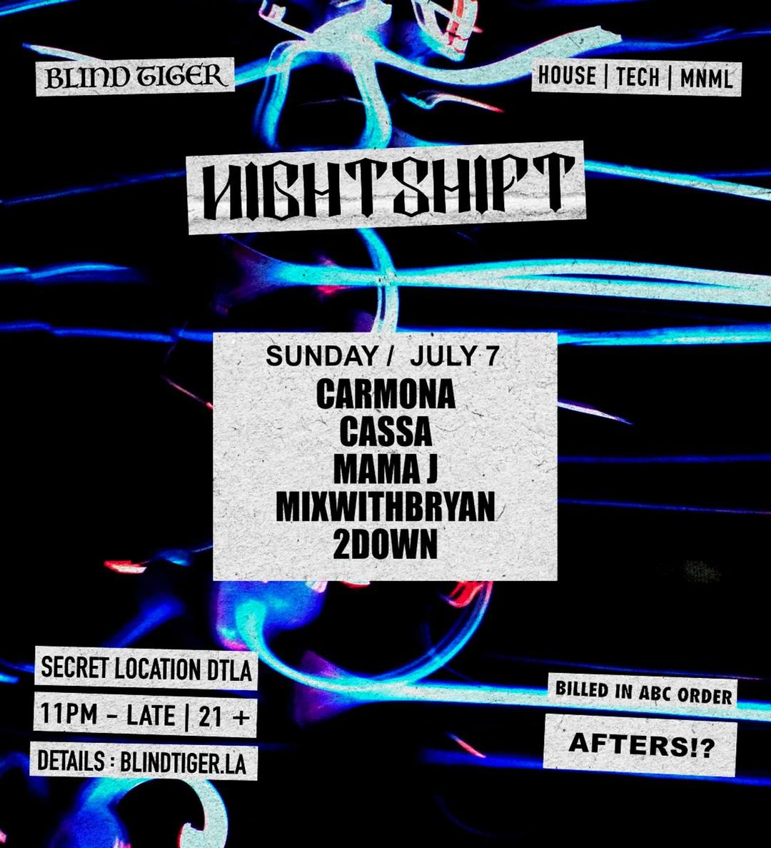 AFTERS 7.7 flyer hero image hosted by NIGHTSHIFT at TBA- ADDRESS SENT IN CONFIRMATION EMAIL starting at 2024-07-07T23:00:00.000Z