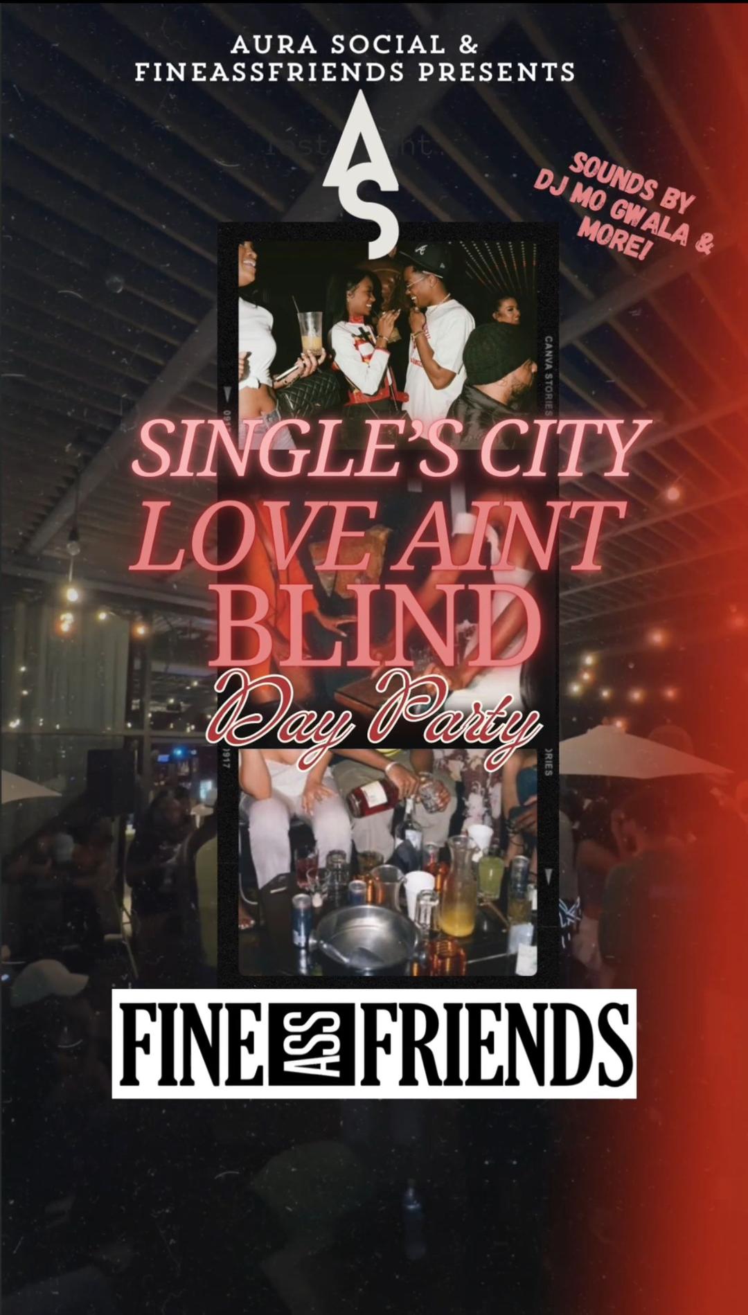 Single's City: Love ain't Blind flyer hero image hosted by Aura Social at Hue Chicago starting at 2024-08-17T16:00:00.000Z