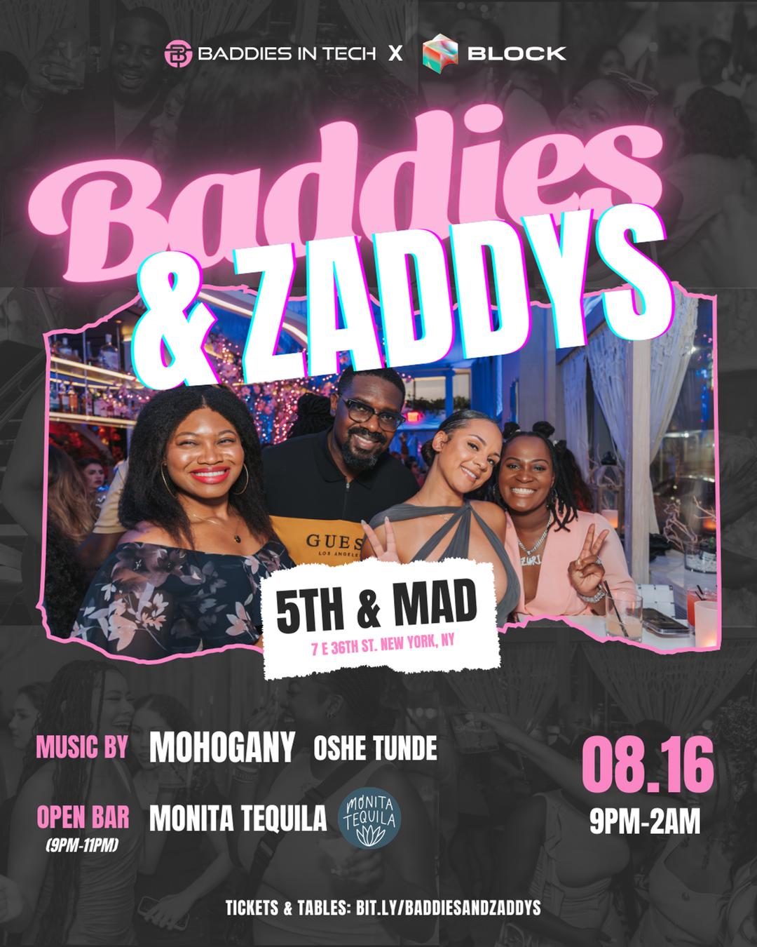 Baddies & Zaddys flyer hero image hosted by Baddies in Tech at 5th & Mad starting at 2024-08-16T21:00:00.000Z