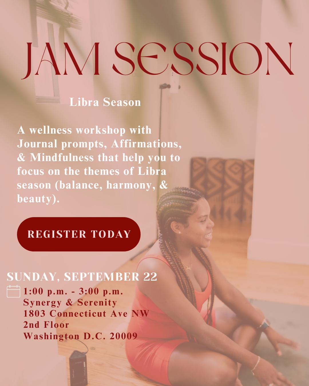 JAM Session: Libra Season flyer hero image hosted by Therapy is my JAM at Synergy & Serenity starting at 2024-09-22T13:00:00.000Z
