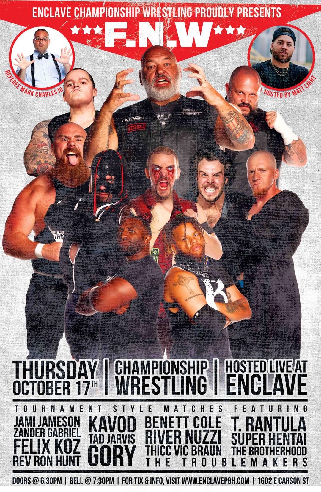 Enclave Championship Wrestling Presents: FNW flyer hero image hosted by PartyNation at Enclave starting at 2024-10-17T18:30:00.000Z