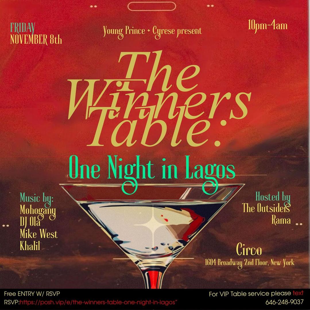 The Winners Table: One Night in Lagos flyer hero image hosted by Young prince & Cyrese at Circo starting at 2024-11-08T22:00:00.000Z