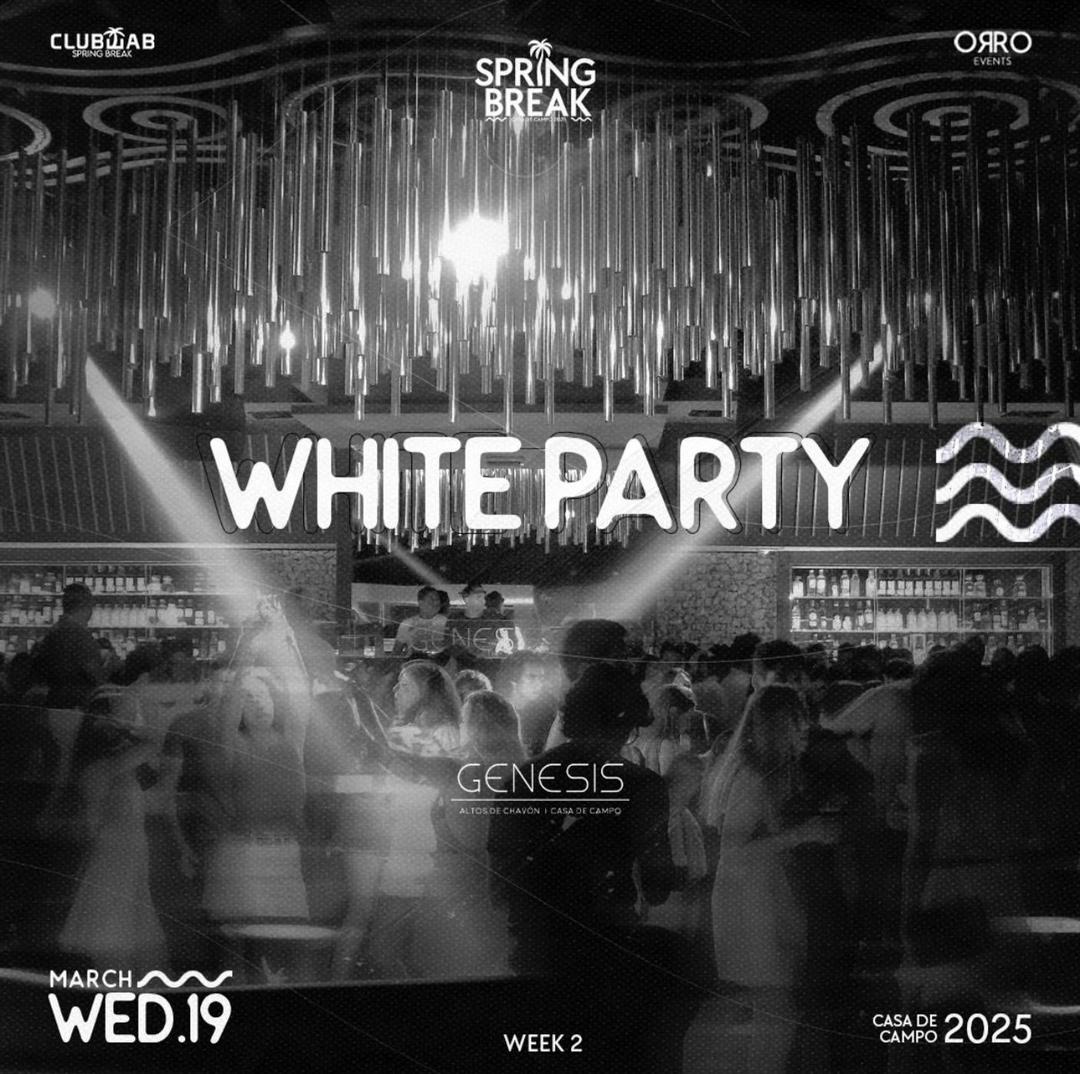 W2 - White Party @Genesis - Wednesday - CDC 2025 flyer hero image hosted by Clubtab at Genesis Night Club, Casa de Campo starting at 2025-03-19T22:00:00.000Z