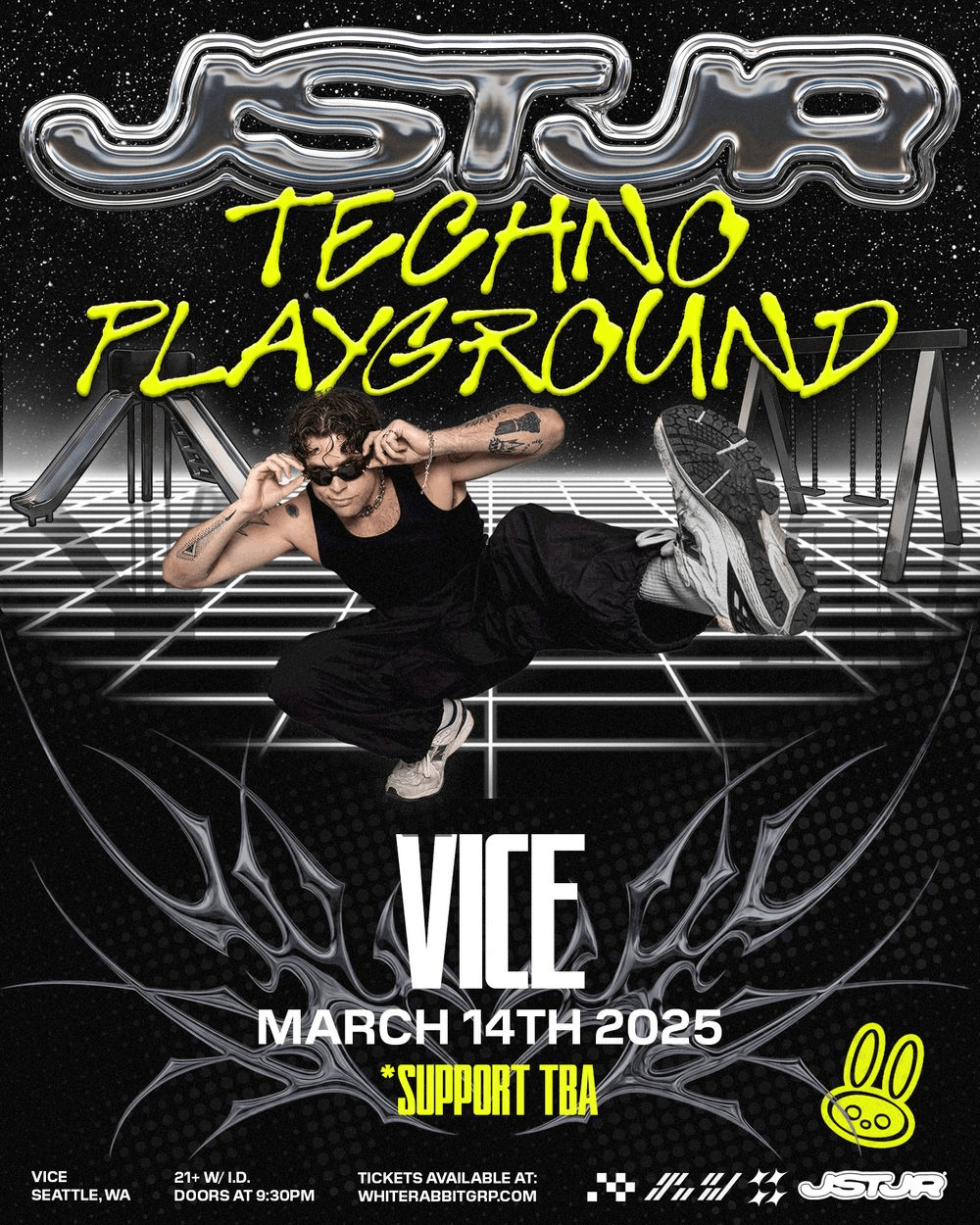 WRG Presents JSTJR - Techno Playground Tour flyer hero image hosted by White Rabbit Group at Vice Seattle starting at 2025-03-14T21:30:00.000Z