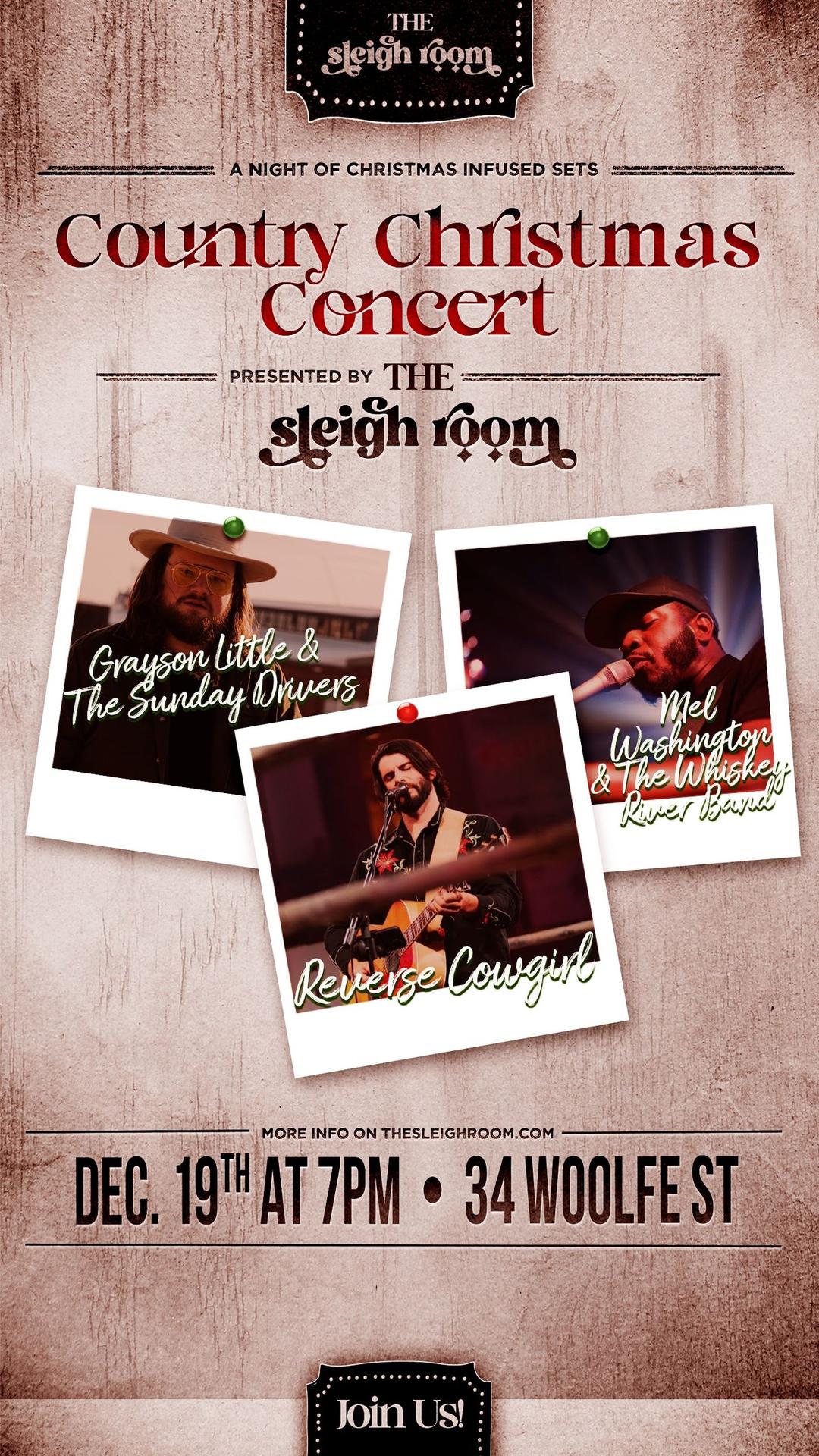 A Country Christmas flyer hero image hosted by The Sleigh Room at The Sleigh Room starting at 2024-12-19T19:00:00.000Z