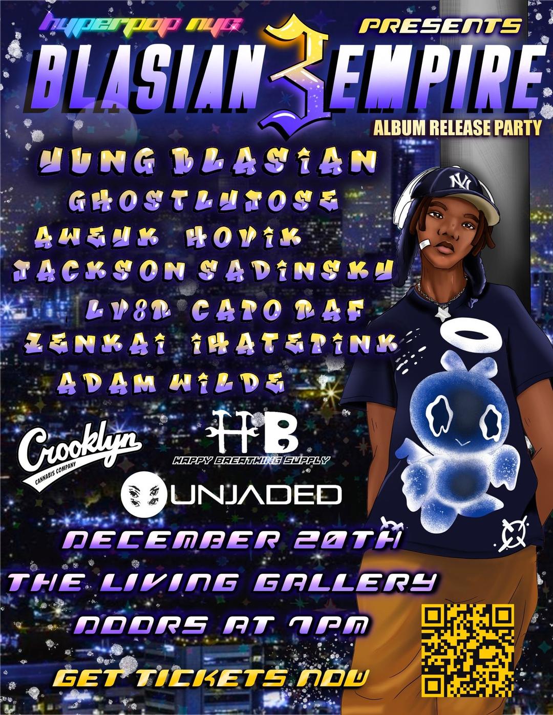 BE3 Album Release Party flyer hero image hosted by Hyperpop NYC at The Living Gallery starting at 2024-12-20T19:00:00.000Z