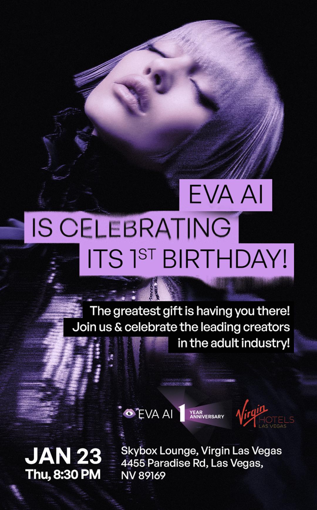 EVA.AI 1 Year Anniversary flyer hero image hosted by EVA.AI at Skybox Lounge, Virgin Las Vegas starting at 2025-01-23T20:30:00.000Z