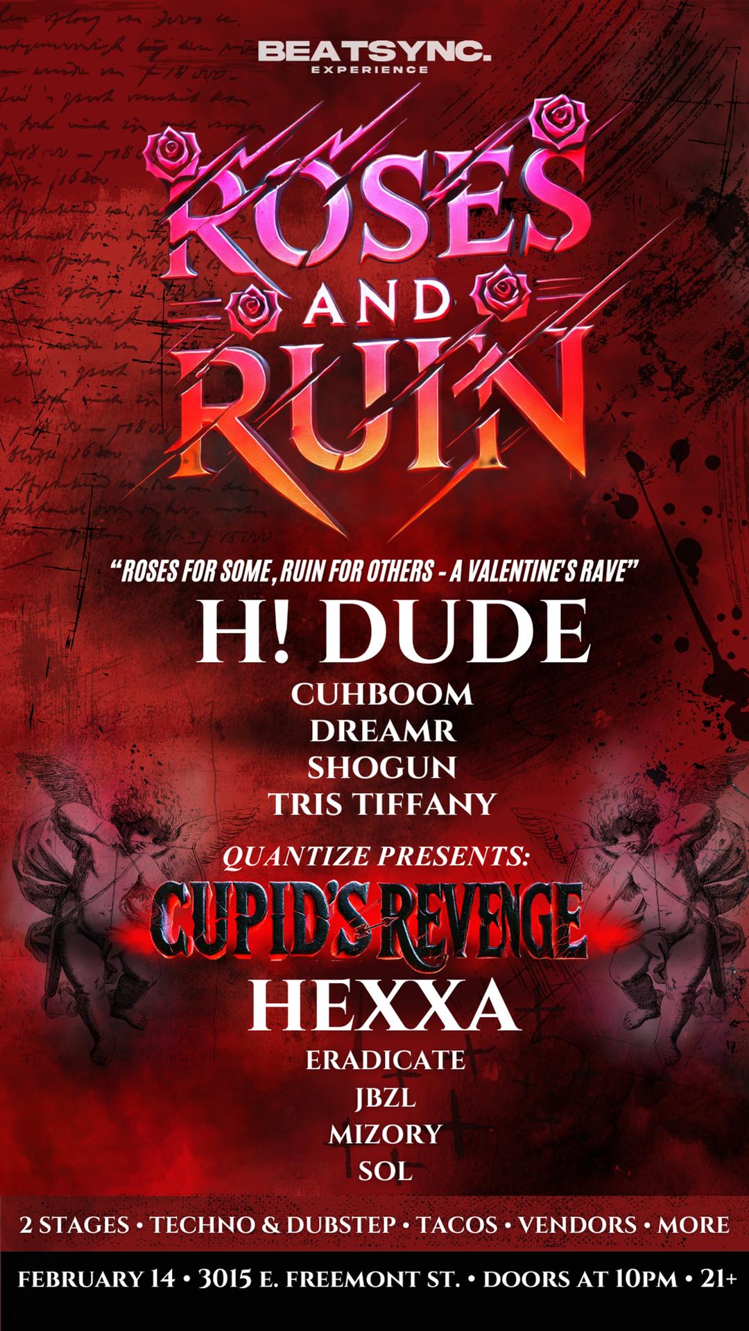 ROSES & RUIN: A Valentines Rave flyer hero image hosted by BEATSYNC. at Zuna Nightclub starting at 2025-02-14T22:00:00.000Z