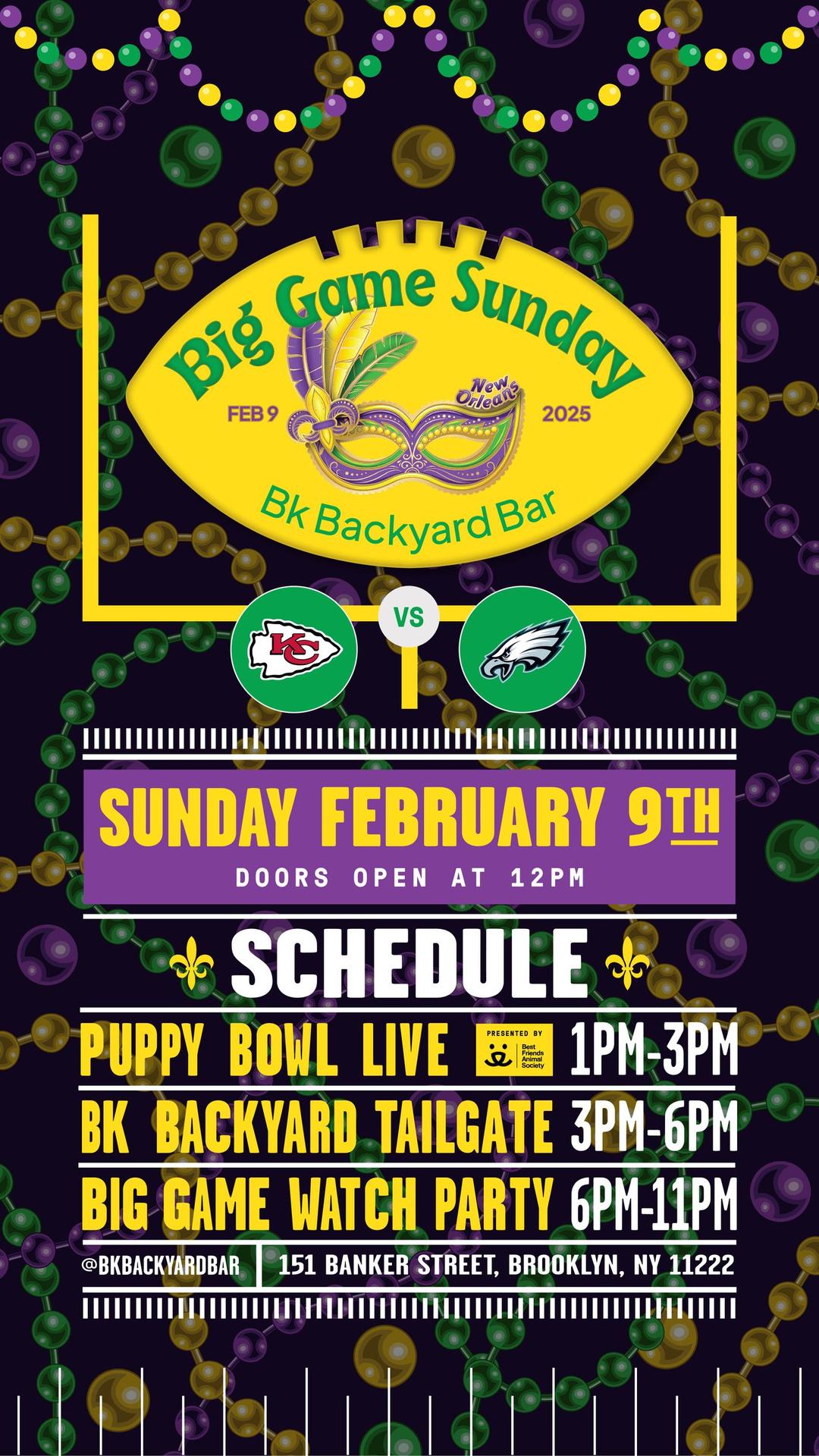 Bk Backyard Big Game Bash 2025 flyer hero image hosted by Bk Backyard Bar at Bk Backyard Bar starting at 2025-02-09T12:00:00.000Z