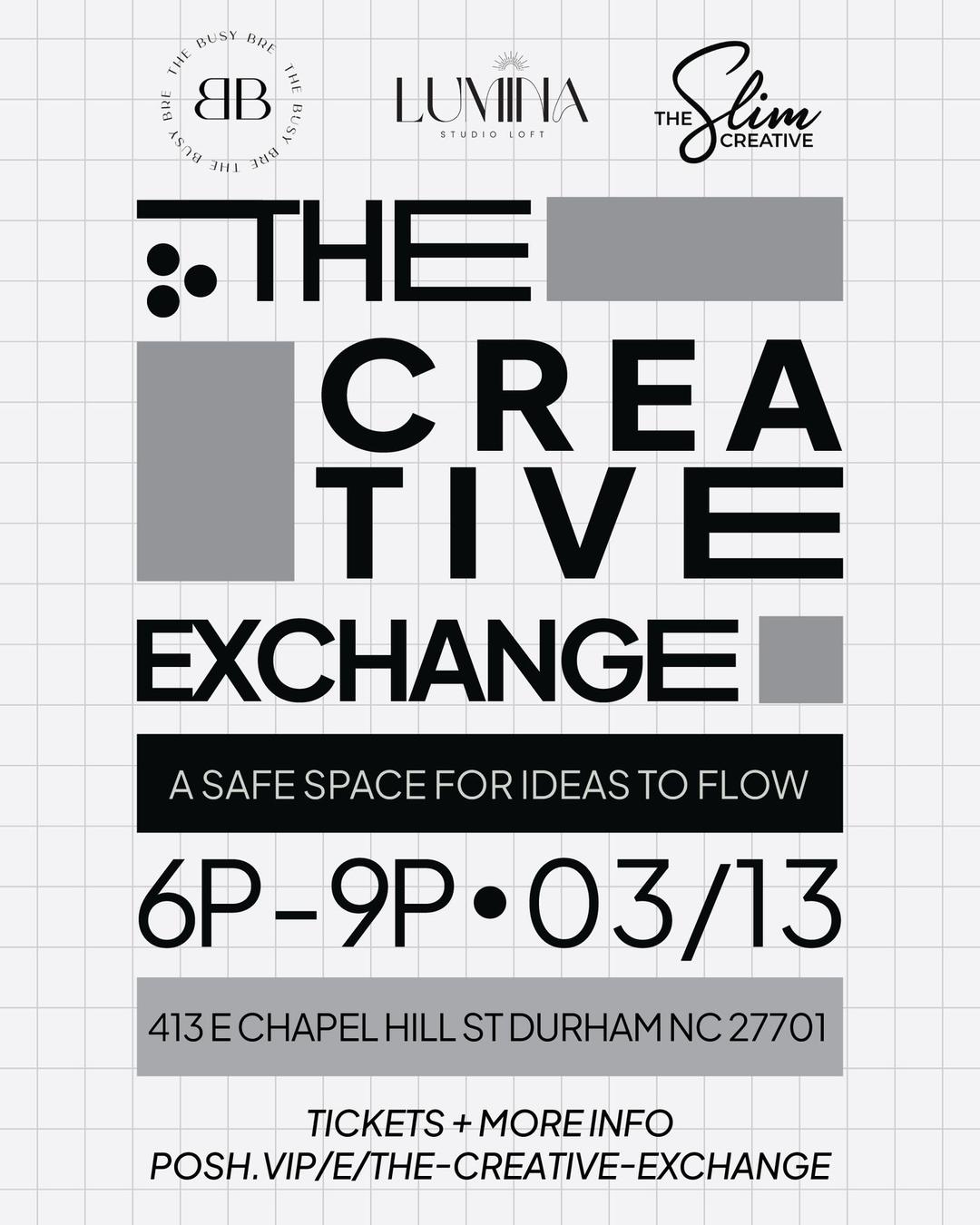 The Creative Exchange flyer hero image hosted by The Slim Creative x Live the Moment Events at Lumina Studio Loft starting at 2025-03-13T18:00:00.000Z