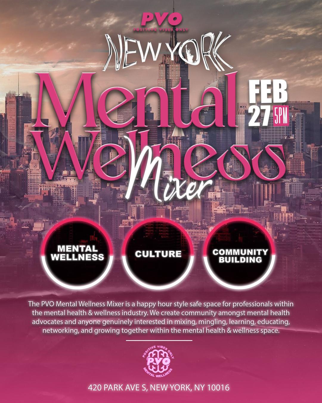 PVO Mental Wellness Mixer - New York flyer hero image hosted by PVOGLOBAL at The Penthouse Rooftop starting at 2025-02-27T17:00:00.000Z
