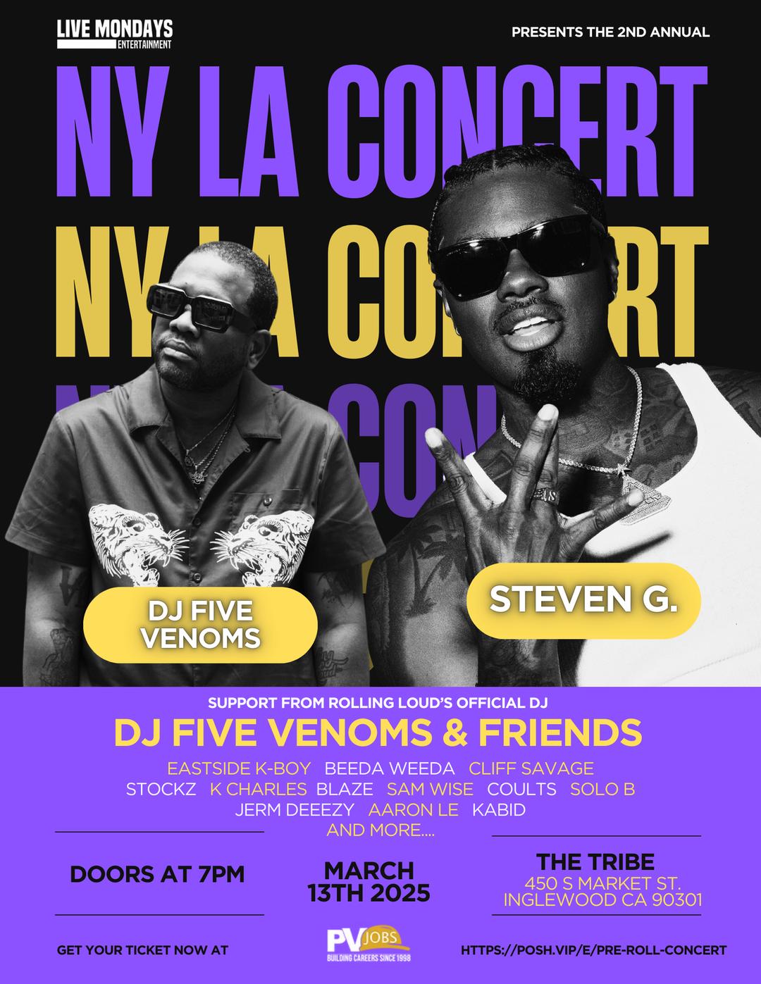 NYLA Concert Ft Dj Five Venoms flyer hero image hosted by Live Mondays at The Tribe starting at 2025-03-13T19:00:00.000Z