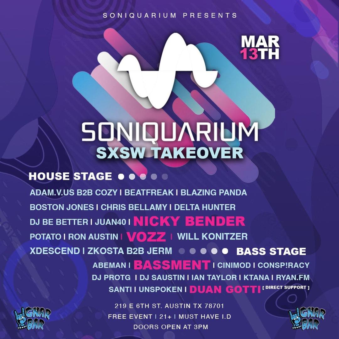 Soniquarium label And Central Texas Talent Showcase flyer hero image hosted by Soniquarium at Gnar Bar starting at 2025-03-13T15:00:00.000Z