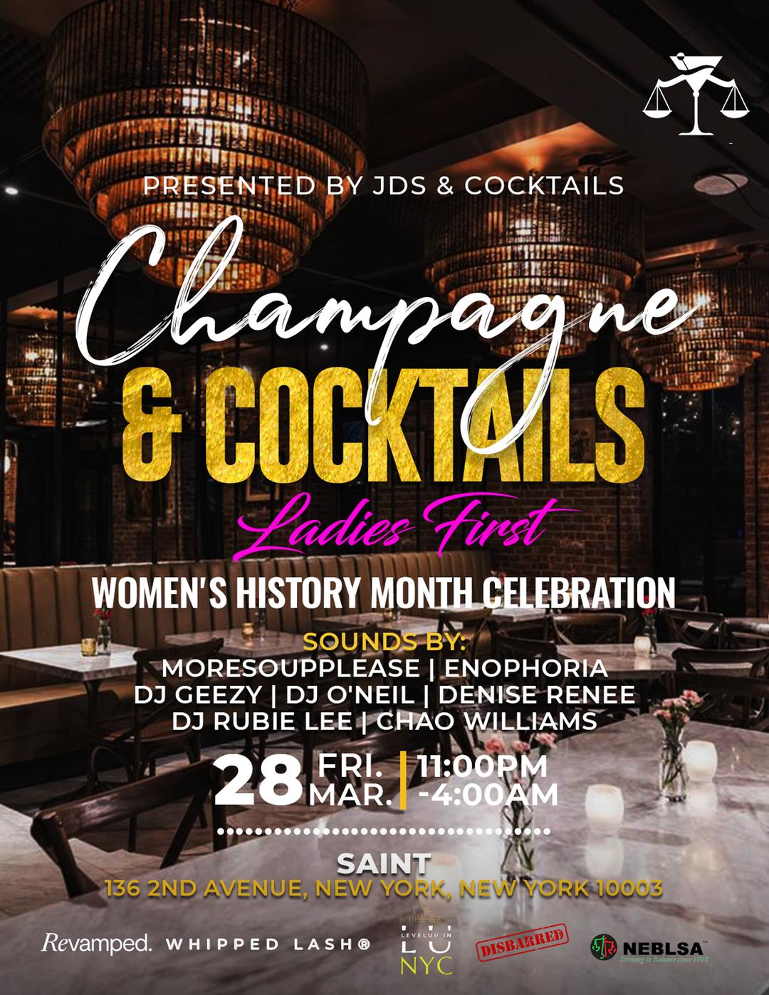 Champagne & Cocktails: Ladies First flyer hero image hosted by JDs & Cocktails at Saint starting at 2025-03-28T23:00:00.000Z