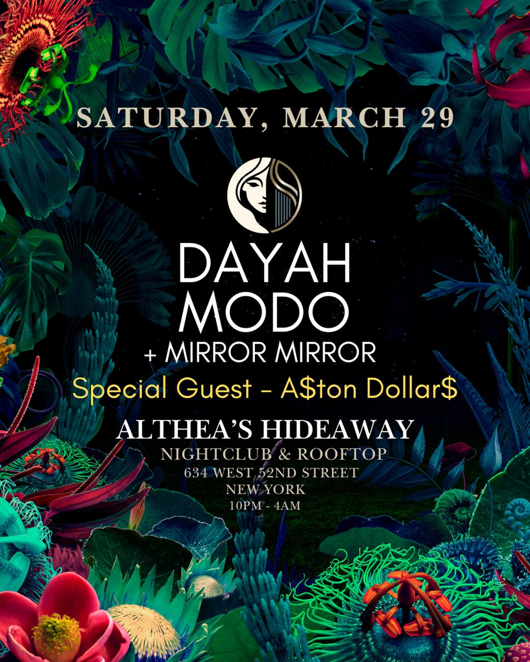Dayah Modo's Guest List @ Althea's Hideaway flyer hero image hosted by Events by Dayah at Althea's Hideaway starting at 2025-03-29T22:00:00.000Z