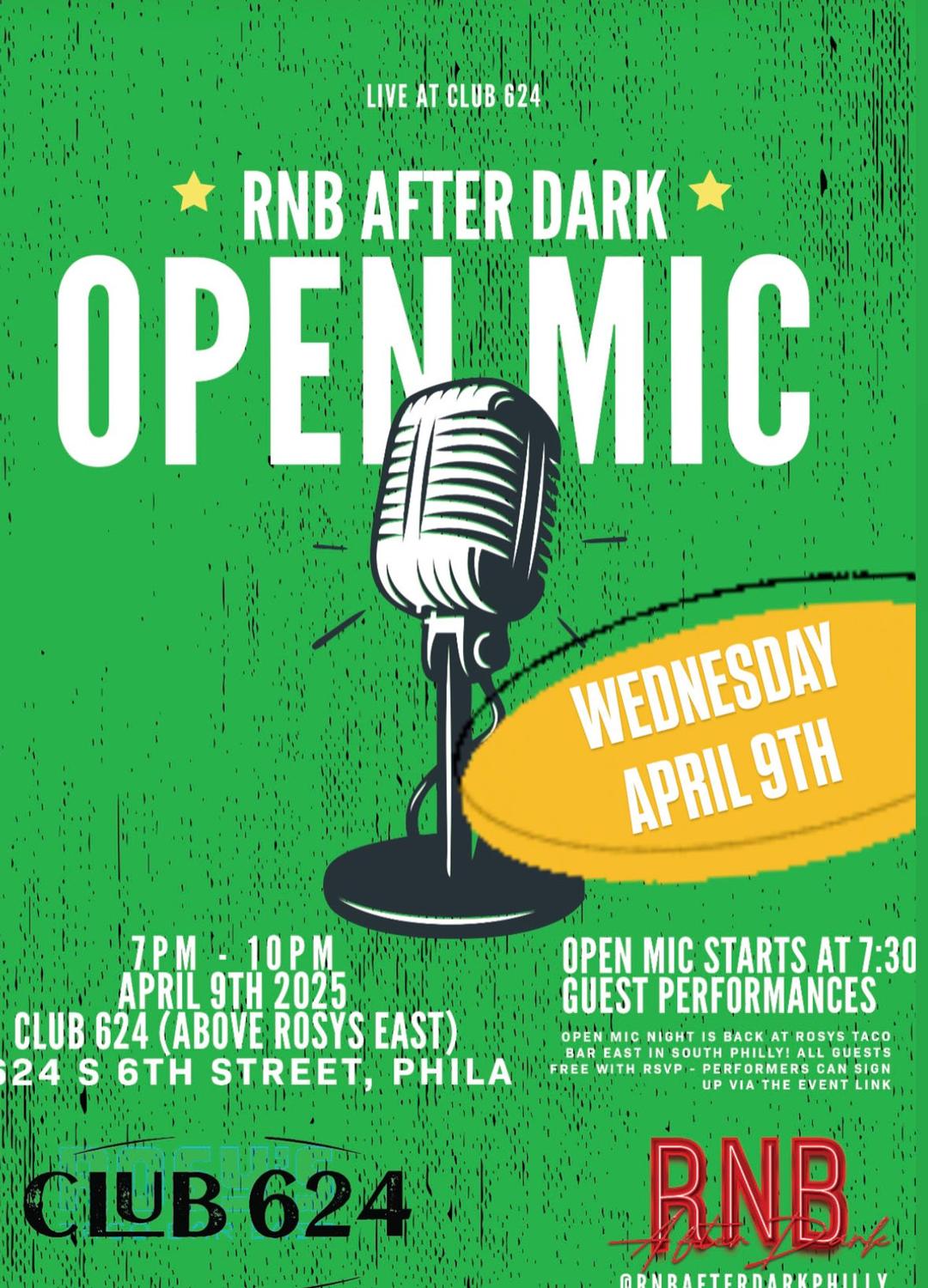 RNB OPEN MIC SESSIONS flyer hero image hosted by Blckteeth Events at Club 624 starting at 2025-04-09T19:00:00.000Z