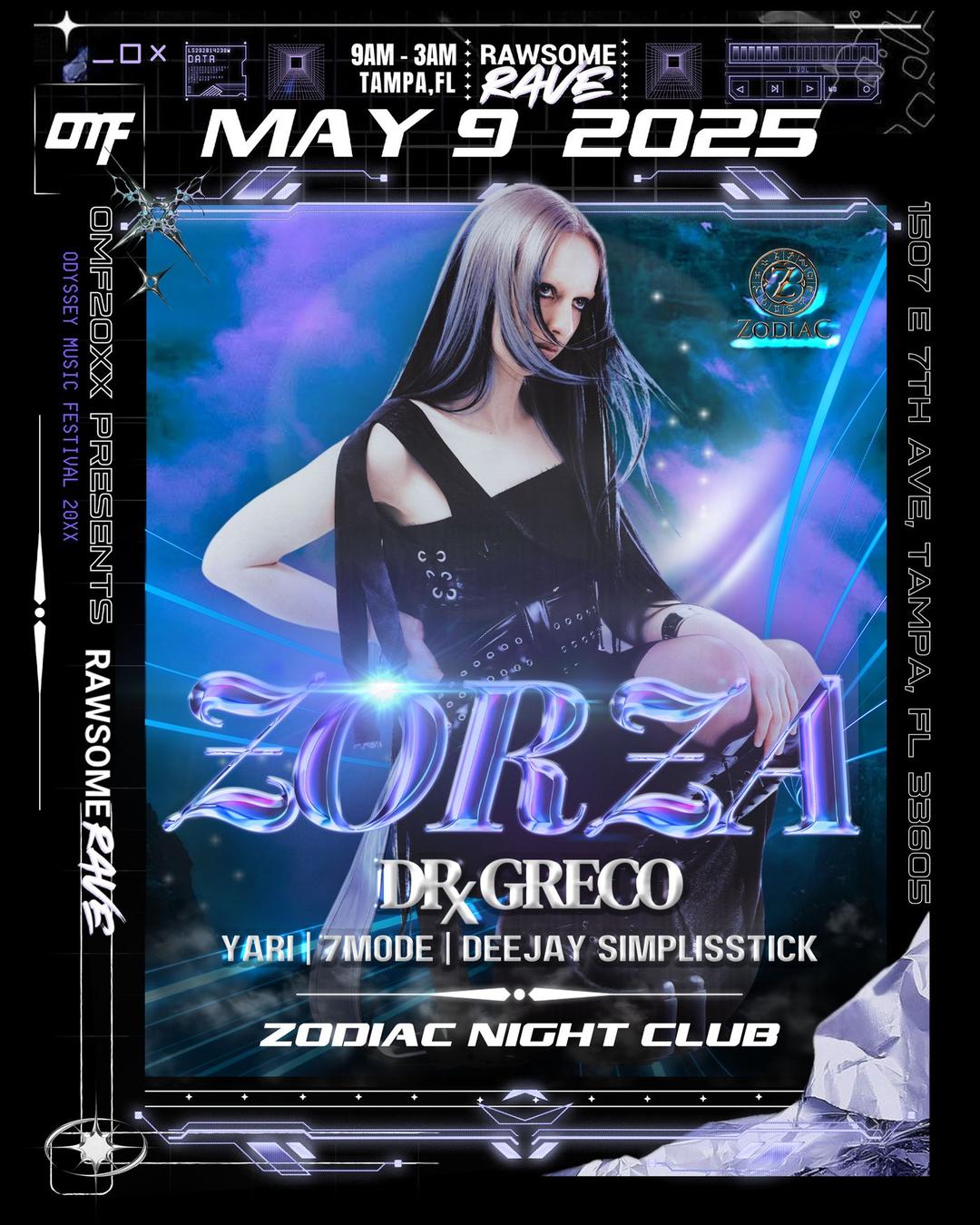 RAWSOME RAVE FT. ZORZA flyer hero image hosted by Odyssey Music Festival 20XX at Zodiac starting at 2025-05-09T21:00:00.000Z
