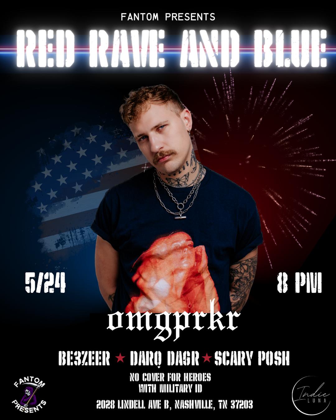 Red Rave and Blue flyer hero image hosted by Fantom Presents at Indie Luna starting at 2025-05-24T20:00:00.000Z