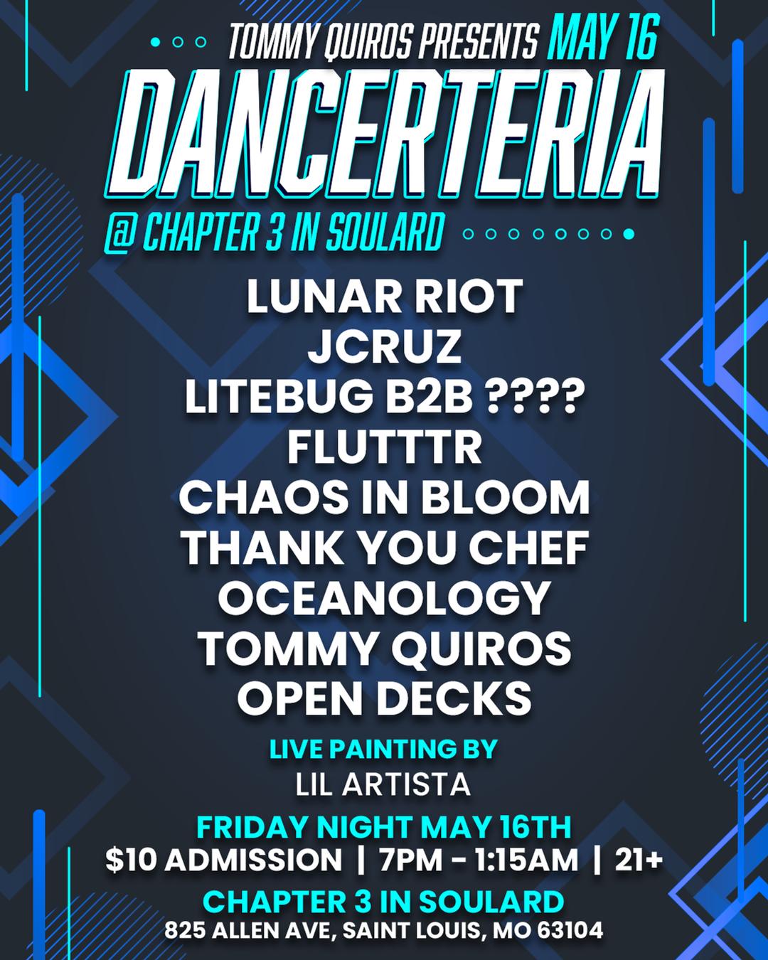 DANCERTERIA @ Chapter 3 In Soulard flyer hero image hosted by Tommy Quiros at Chapter 3 In Soulard starting at 2025-05-16T19:00:00.000Z