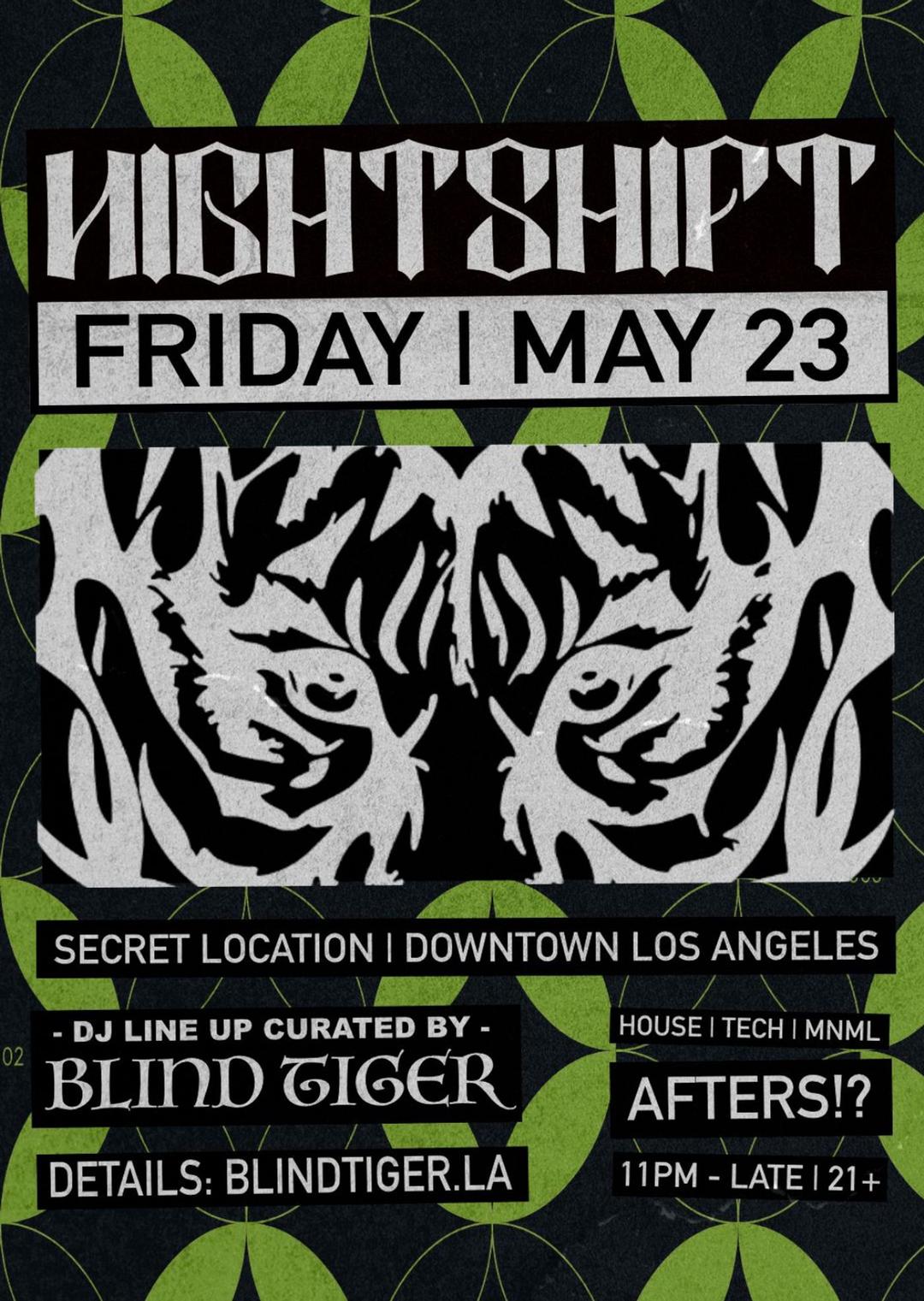 AFTERS 5-23 flyer hero image hosted by NIGHTSHIFT at ADDRESS SENT VIA TXT & EMAIL starting at 2025-05-23T23:00:00.000Z