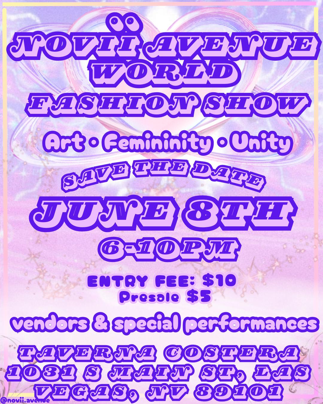 Novii Avenue World: Fashion Show flyer hero image hosted by Taverna Costera at Taverna Costera starting at 2025-06-08T18:00:00.000Z