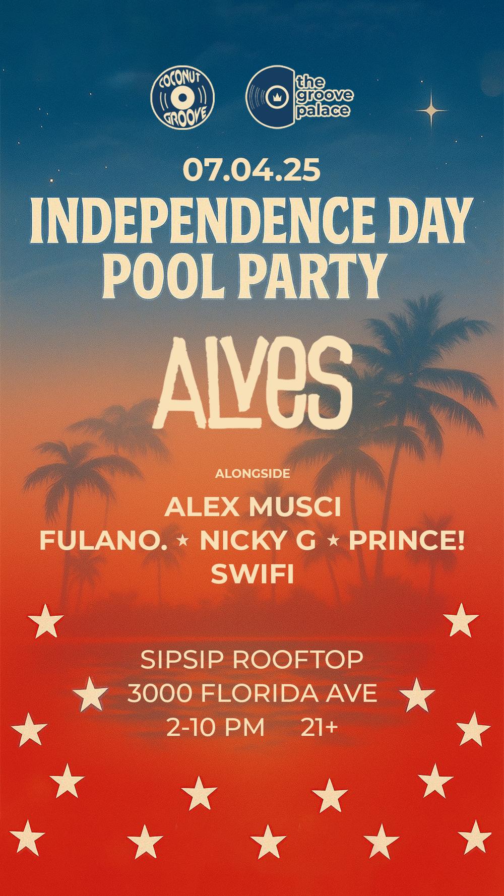 Coconut Groove Palace: Independence Day Pool Party flyer hero image hosted by Coconut Groove, The Groove Palace at SipSip Rum Bar starting at 2025-07-04T14:00:00.000Z