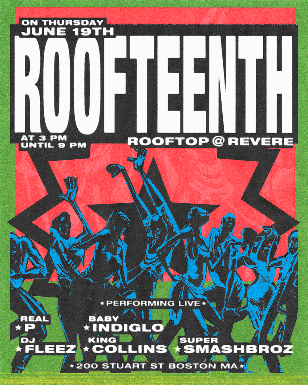 Roofteenth (Juneteenth Celebration) flyer hero image hosted by SuperSmashBroz at Rooftop @ Revere starting at 2025-06-19T15:00:00.000Z