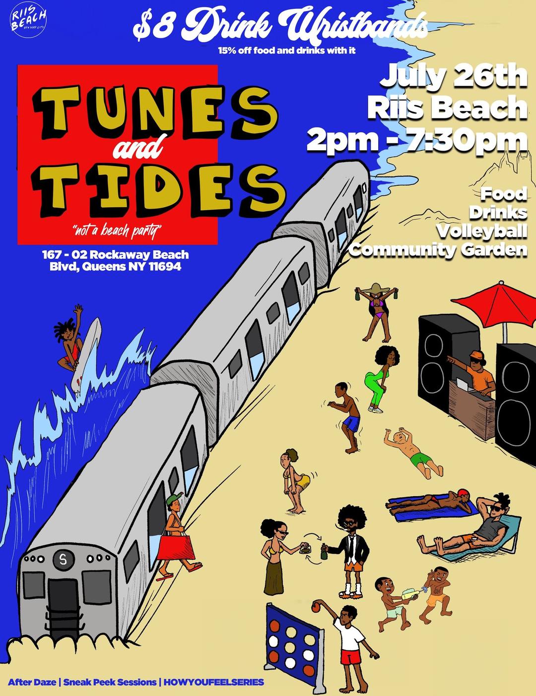 Tunes N Tides flyer hero image hosted by After Daze at Riis Beach starting at 2025-07-26T14:00:00.000Z