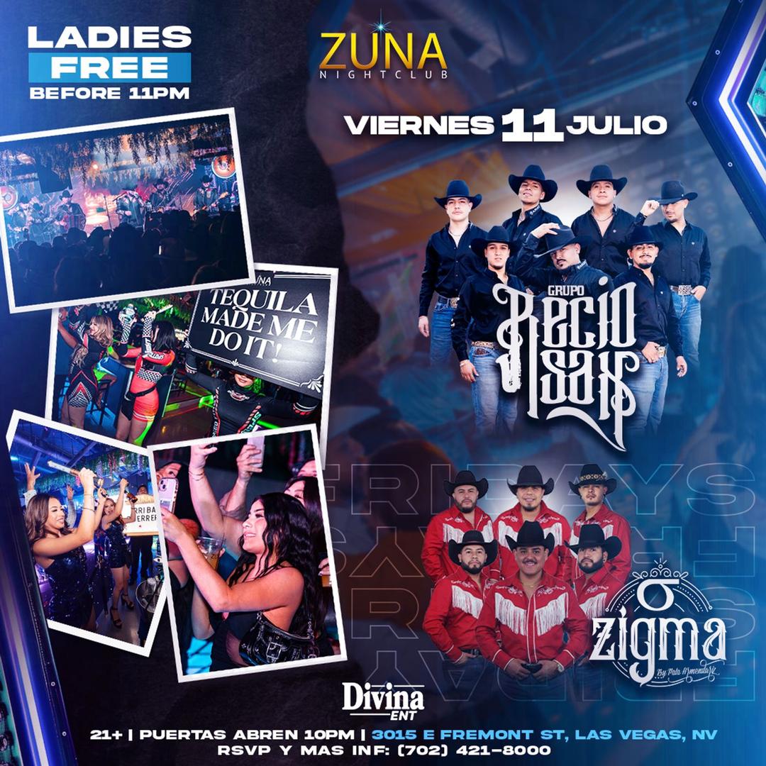 Noche de Baile: Recio Sax & Grupo Zigma flyer hero image hosted by Divina Entertainment at Zuna Nightclub starting at 2025-07-11T22:00:00.000Z