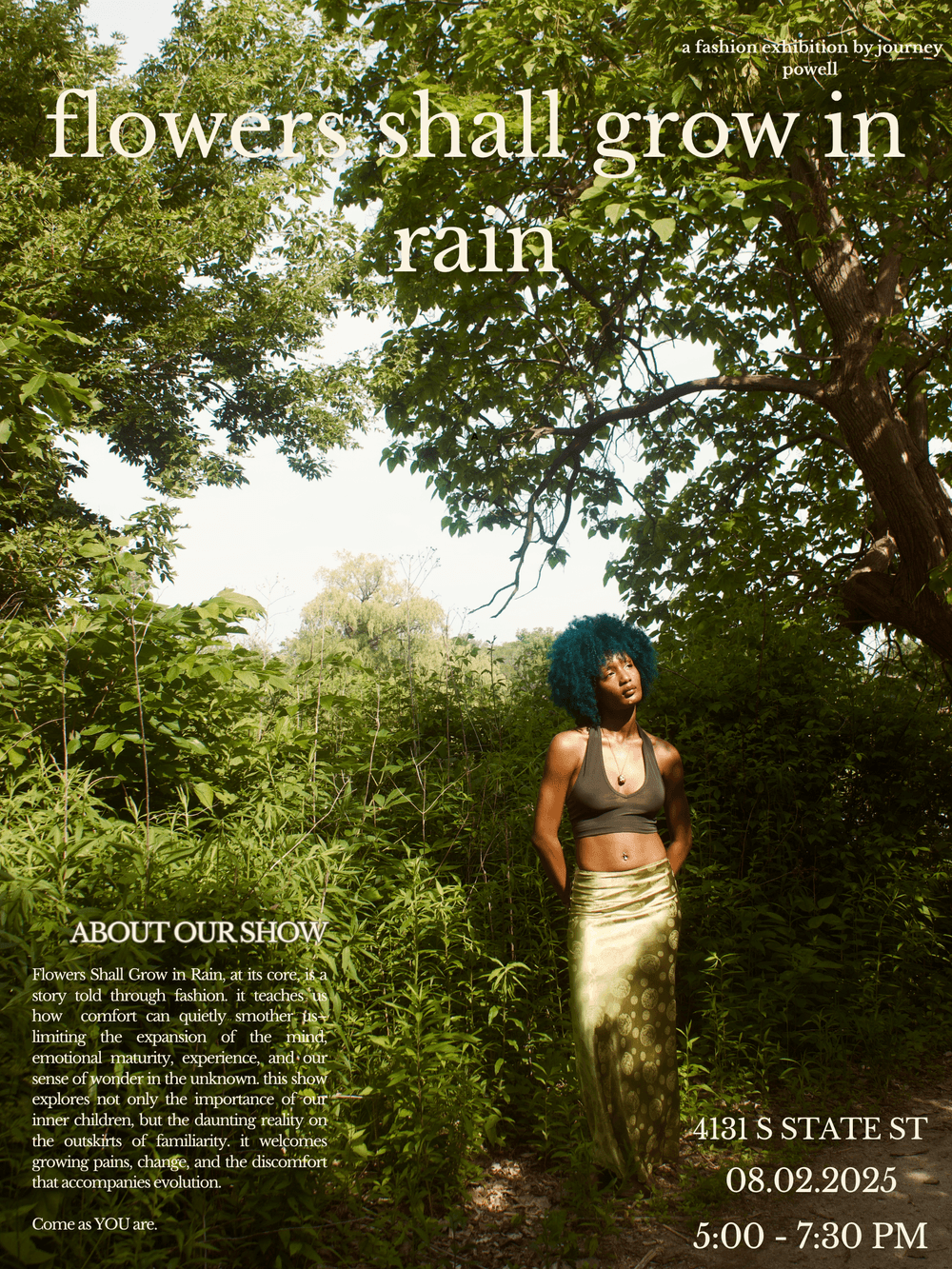 flowers shall grow in rain fashion show flyer hero image hosted by journey powell at Hatch 41 starting at 2025-08-02T17:00:00.000Z