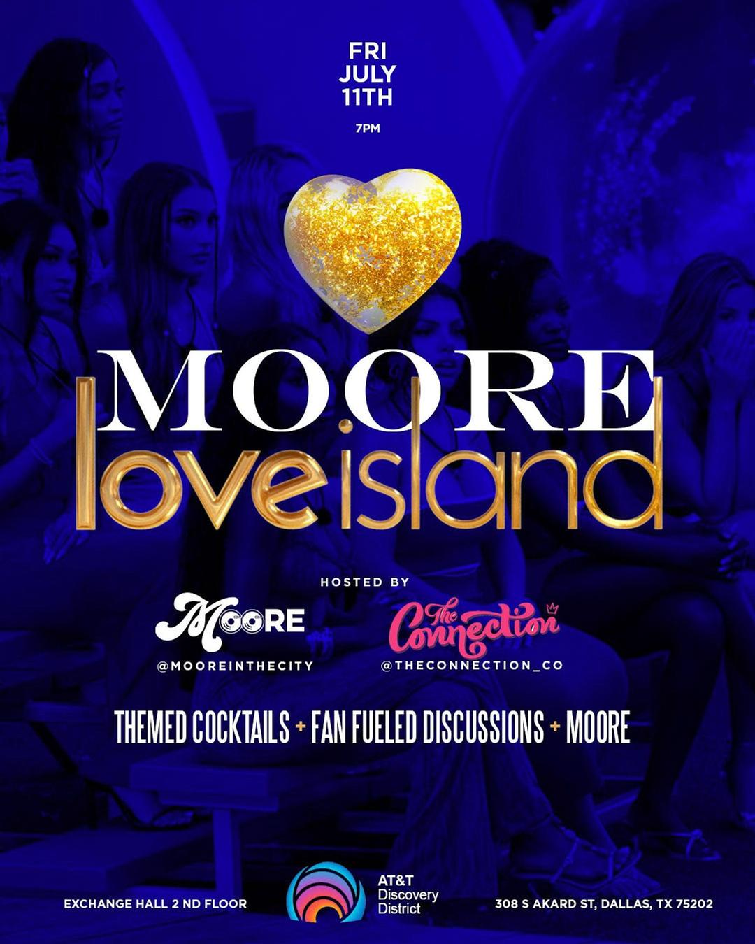 Love Island Watch Party flyer hero image hosted by Moore in the City at Exchange Hall starting at 2025-07-11T19:00:00.000Z