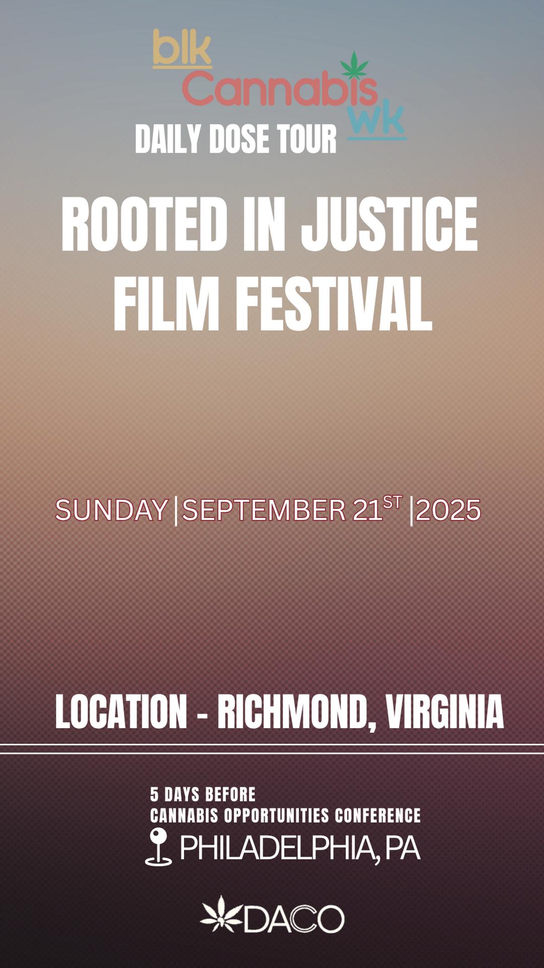 Rooted in Justice Film Festival flyer hero image hosted by DACO at Studio Two Three starting at 2025-09-21T18:00:00.000Z