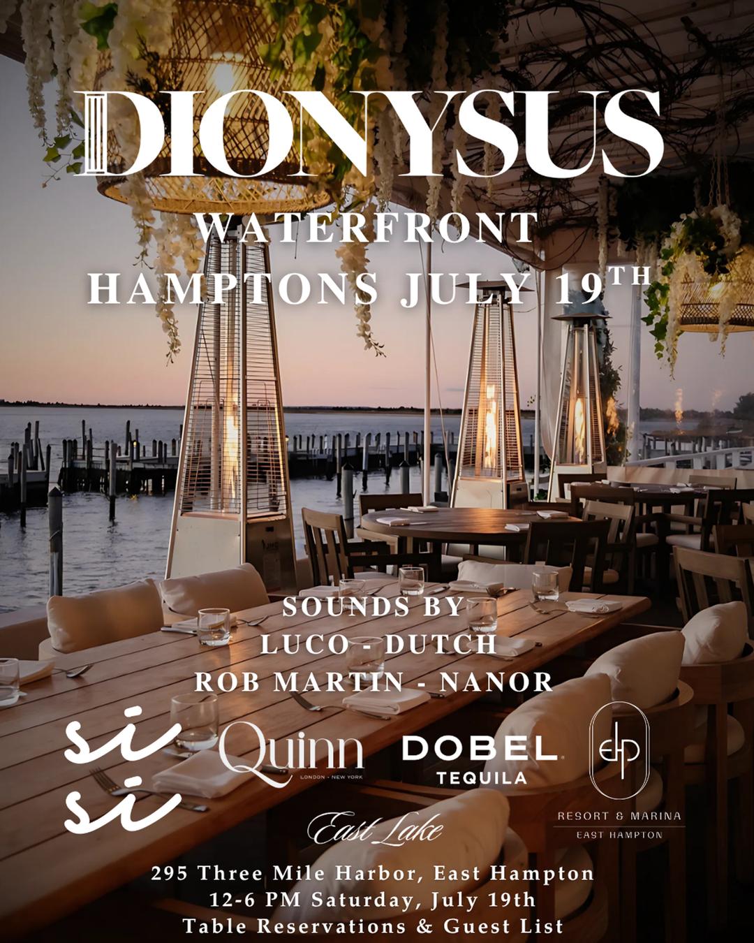 July 19th Hamptons Waterfront Celebration flyer hero image hosted by Dionysus & East Lake at Si Si  starting at 2025-07-19T12:00:00.000Z