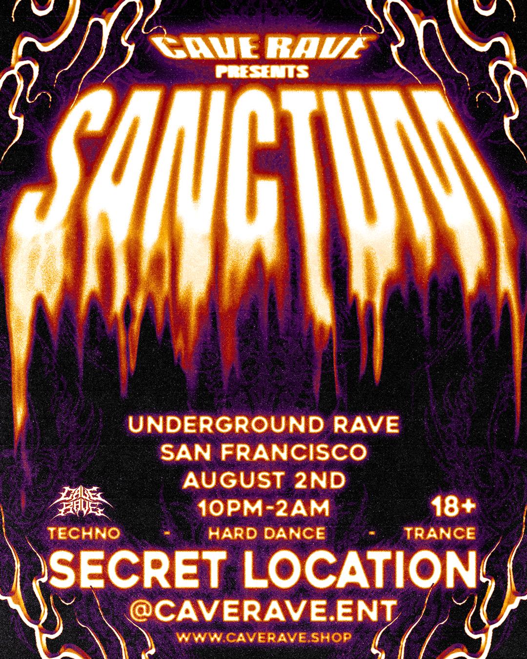 SANCTUM III flyer hero image hosted by CAVE RAVE ENT at SECRET LOCATION starting at 2025-08-02T22:00:00.000Z