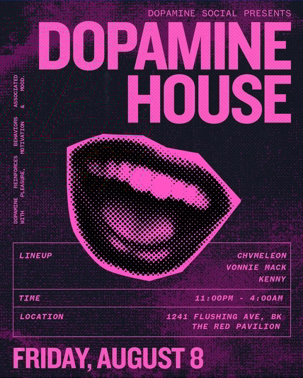 Dopamine House flyer hero image hosted by Dopamine Social Club at The Red Pavilion starting at 2025-08-08T23:00:00.000Z