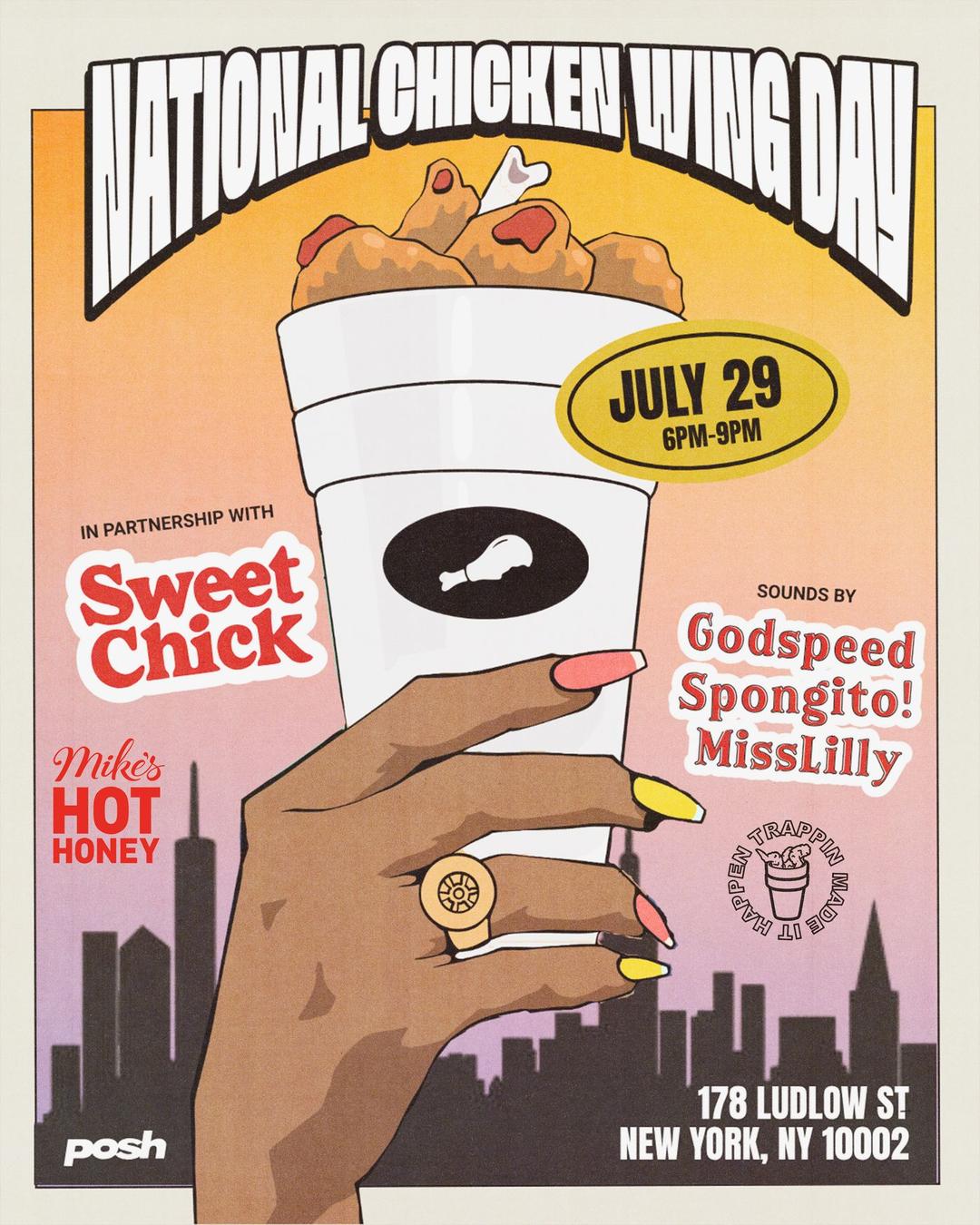 National Chicken Wingz Day flyer hero image hosted by Wingz in The Trap at Sweet Chick starting at 2025-07-29T18:00:00.000Z