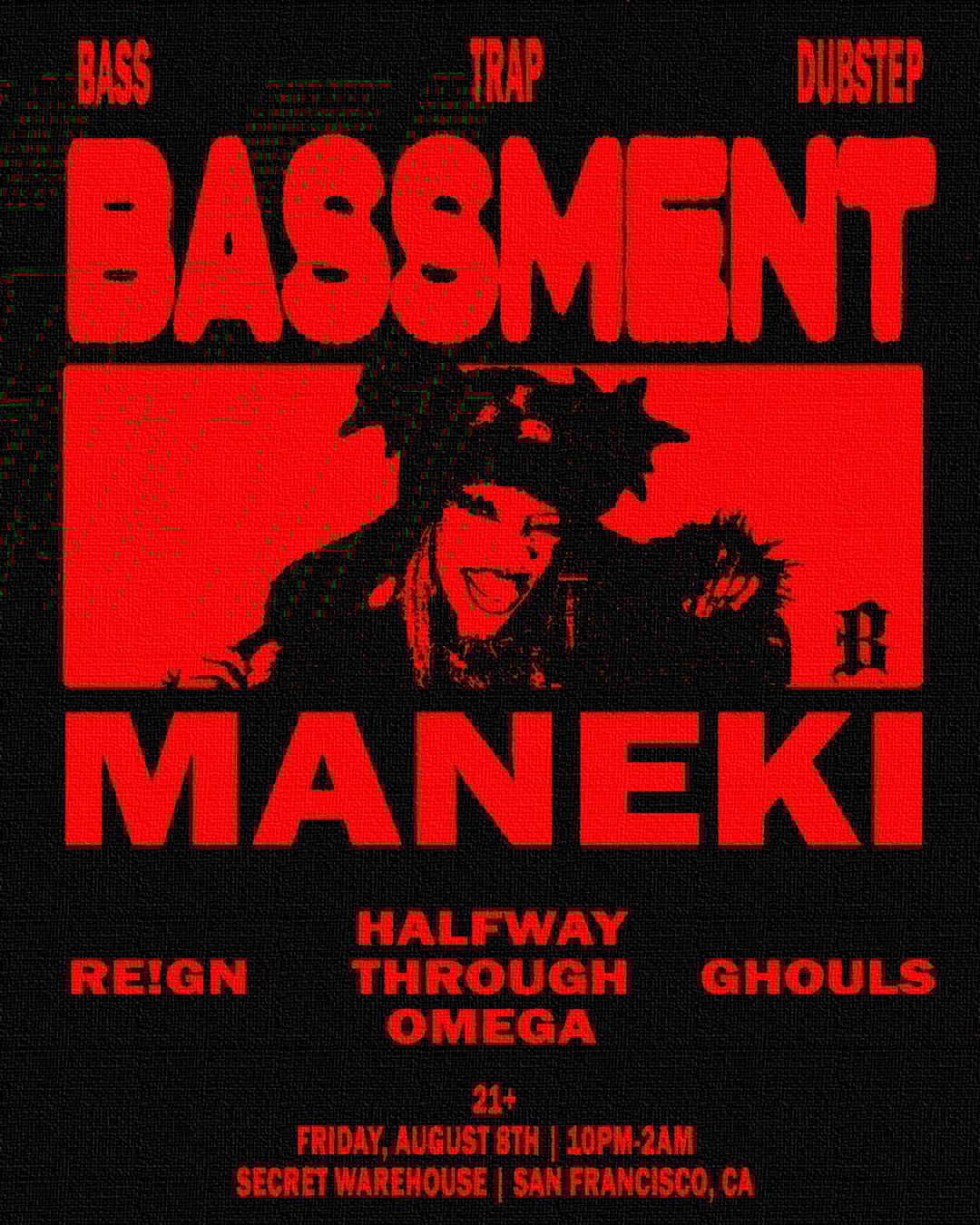 BASSMENT SF WAREHOUSE RAVE (21+) flyer hero image hosted by BAD APPLE RECORDS at Secret Warehouse starting at 2025-08-08T22:00:00.000Z