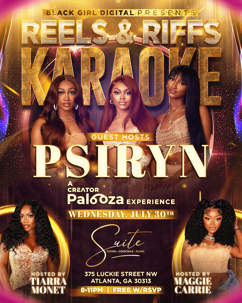 Creator Palooza Presents: REELS & Riffs Karaoke flyer hero image hosted by Black Girl Digital at Suite Lounge ATL starting at 2025-07-30T20:00:00.000Z