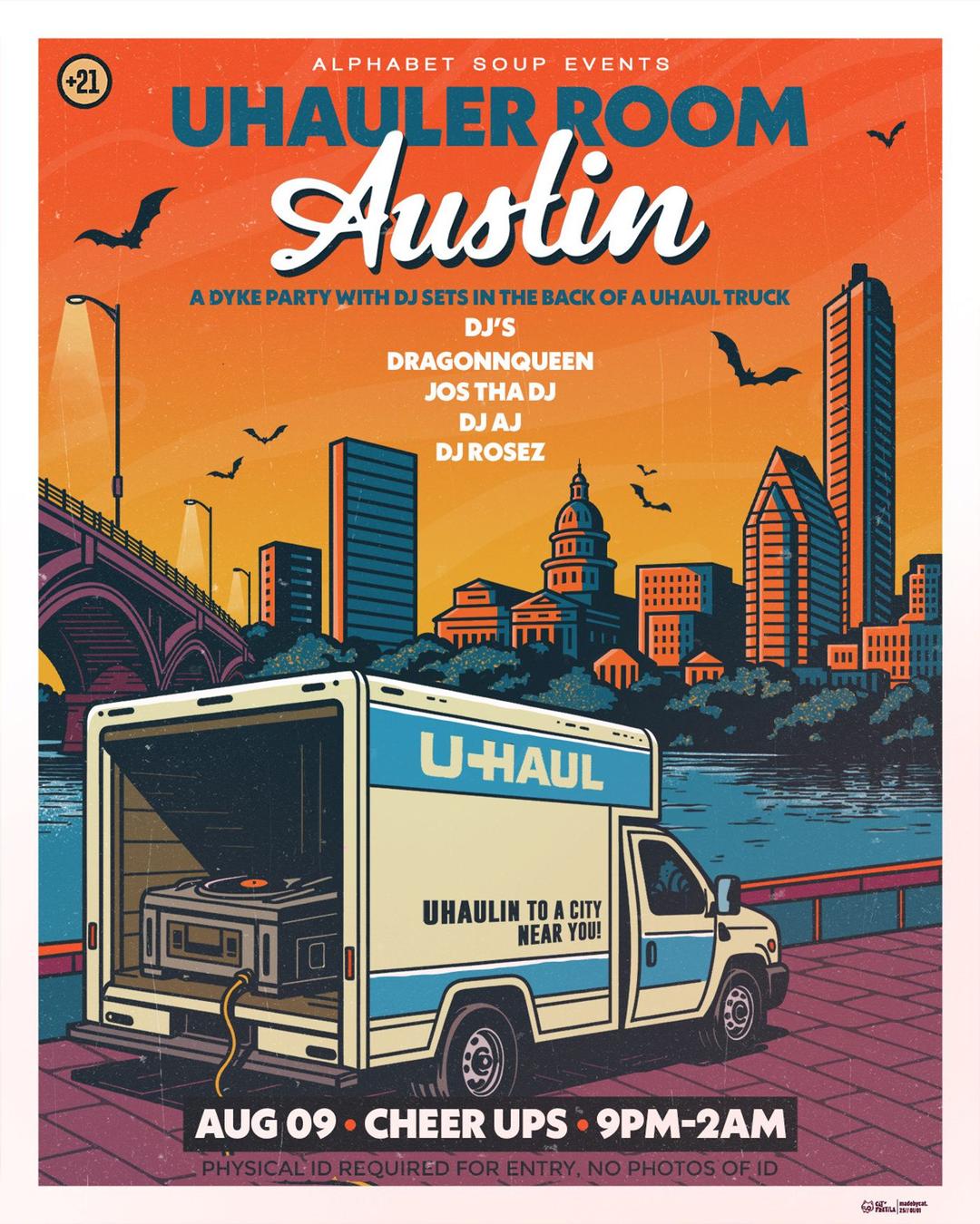 Uhauler Room Austin: A Dyke Party flyer hero image hosted by Alphabet Soup Events at Cheer Ups starting at 2025-08-09T21:00:00.000Z