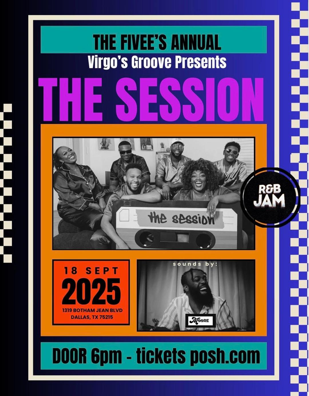 The Session R&B Jam Virgo's Groove flyer hero image hosted by Fivee Bisto & Bar at Fivee Bistro & Bar starting at 2025-09-18T18:00:00.000Z