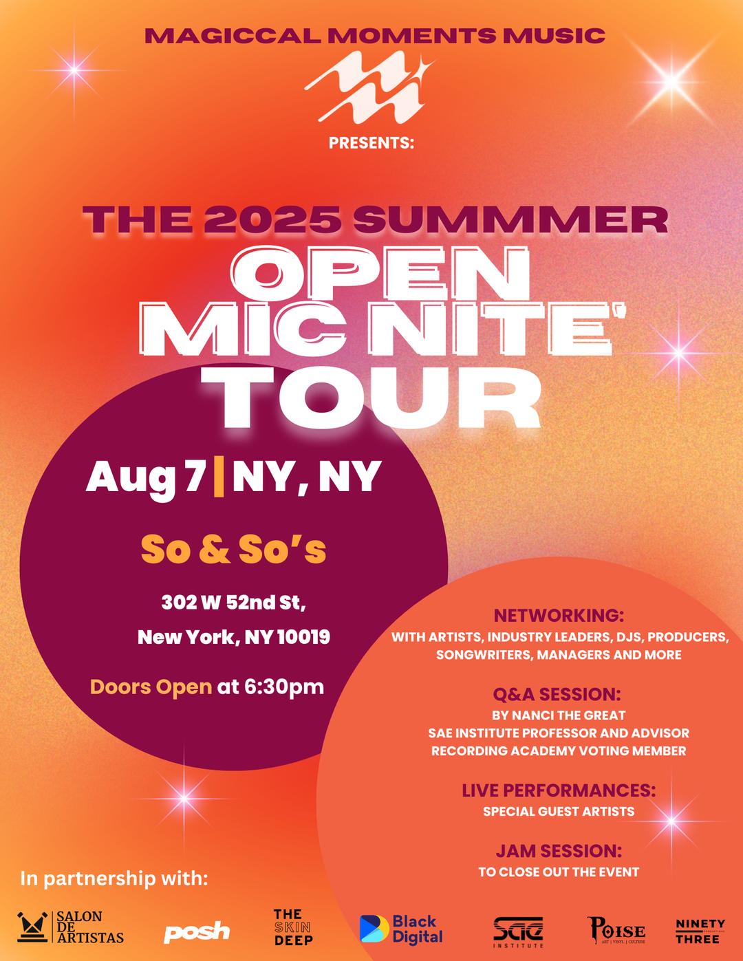 Magiccal Moments 2025 Open Mic Tour (NYC tourstop) flyer hero image hosted by Magiccal Moments at 302 W 52nd St, New York, NY 10019, USA starting at 2025-08-07T18:30:00.000Z